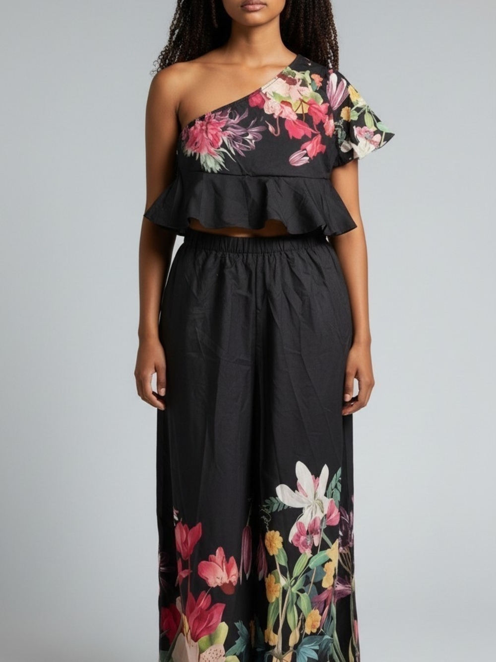 Black Floral One-Shoulder Crop Top & Wide-Leg Pants Set